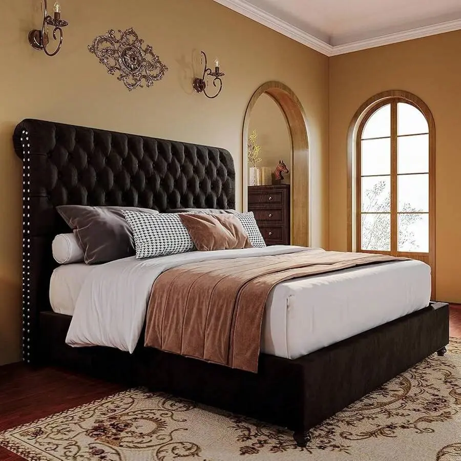 Queen/King Size 52.8'' Tall Sleigh Headboard Upholstered Platform Bed Frame, Button Tufted Design, Modern Frame Style, No Box Spring Needed, Easy Assembly,