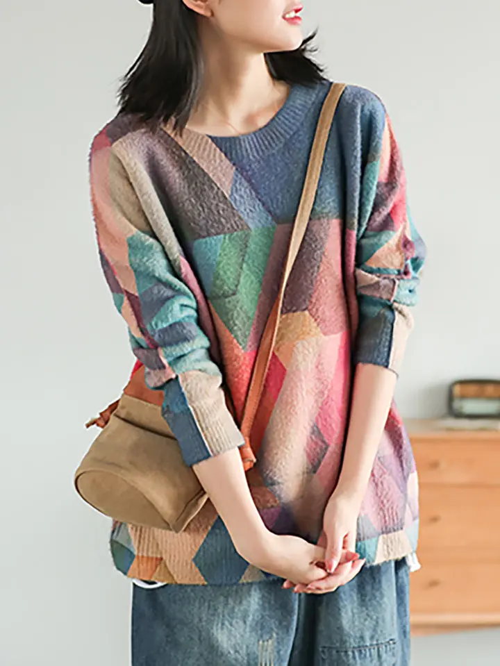 Buykud Plus Size Women Autumn Geometry Casual Loose-fitting Vintage Loose Sweater