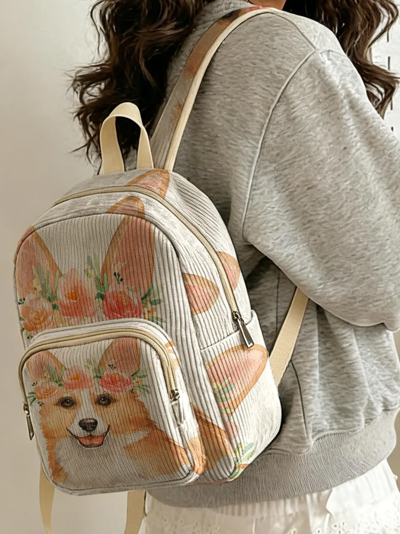 1 piece of lady's backpack with corgi wearing a floral wreath 2D printed, corduroy texture + layered storage + light weight reduction | Perfect for students to go to class/shopping/short trips | Combines atmosphere with practicality