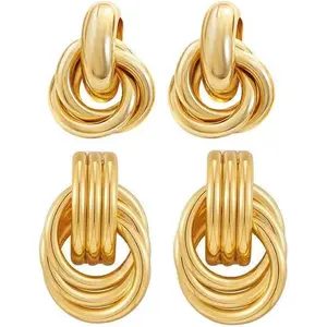 2 Pairs Gold Knot Earrings Chunky Statement Earrings Geometric Drop Dangle Earring Long Twisted Jewelry for Women