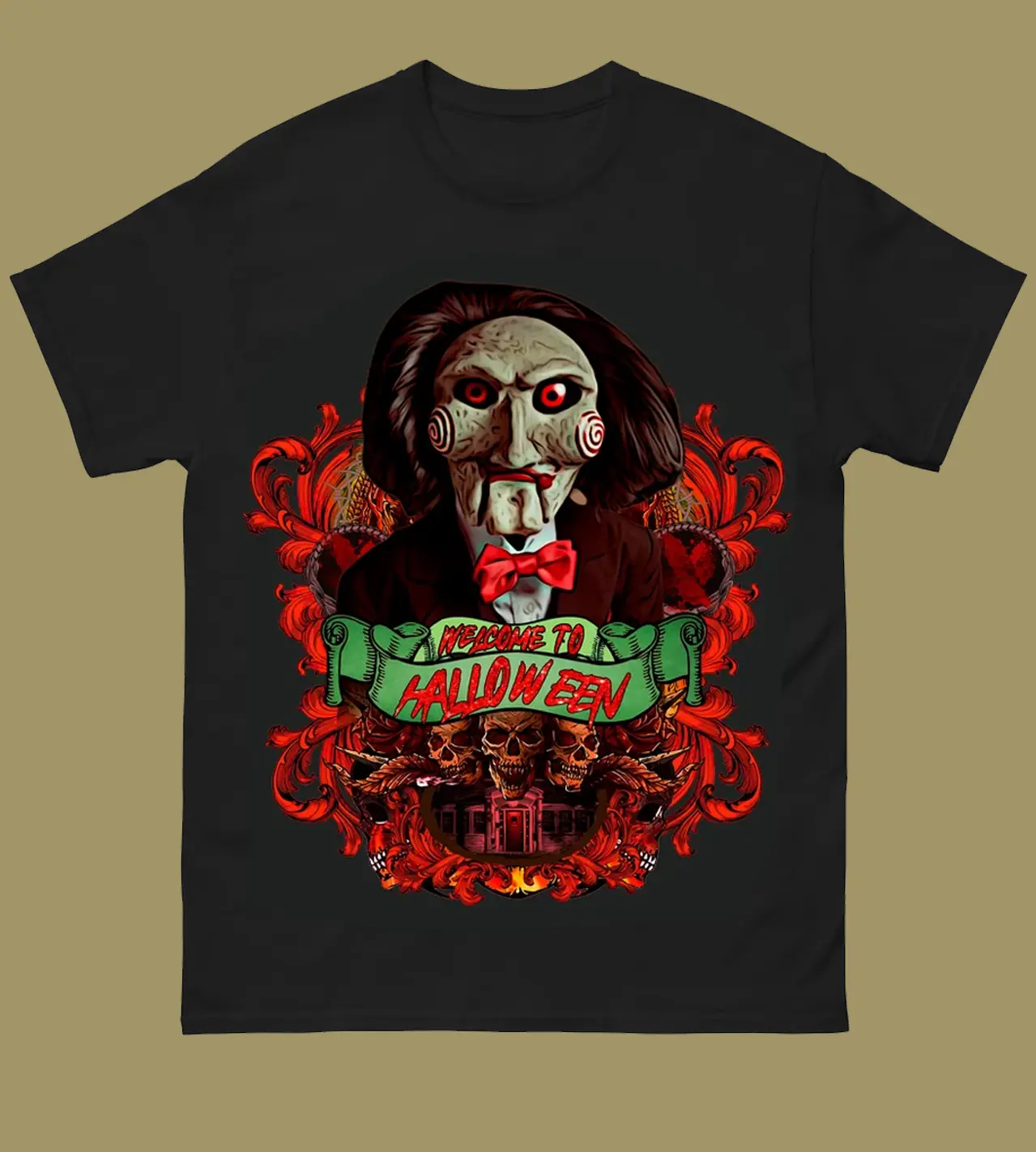 Welcome To Halloween Billy The Puppet Shirt, SAW Movie Jigsaw T-Shirt, Scary Horror Graphic Tee, Spooky Season Halloween Gift, Black Horror Apparel