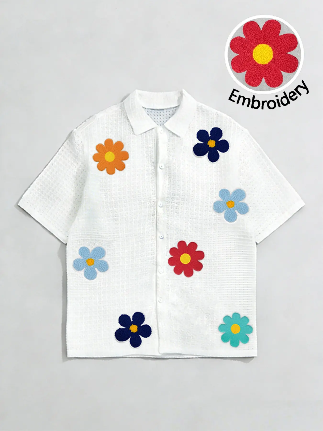 Unisex Y2K Street Style Spring and Summer Rainbow Daisy Towel Embroidery Waffle Collar Shirt, Colorful Floral Patch Short Sleeve, Perfect for Y2K 'Dopamine Dressing', Birthday Gift for Your Partner, Retro, Cute, Trendy