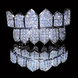 Hip Hop BlingBling Iced Out CZ Halloween Vampire Teeth Grills Caps for Men & Women - Cubic Zirconia Teeth Grills with Glittering Finish Oral