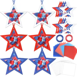 36-piece set of Fourth of July suncatcher crafts—DIY patriotic tissue paper window craft kit with star hanging decorations for a patriotic home activity art project and birthday party favor gift
