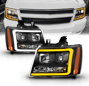 AmeriLite for 2007-2013 Chevy Avalanche/Suburban/Tahoe Switchback LED Tube Turn Siganl Projector Black Replacement Headlights Pair - Passenger and Driver Side