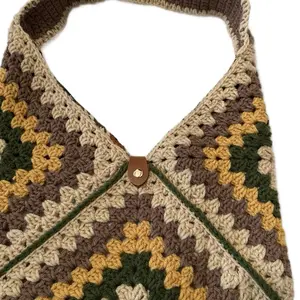 Crocheted Granny Square Bag with Snap Closure and Fully Lined Crocheted Strap Handmade Boho Style