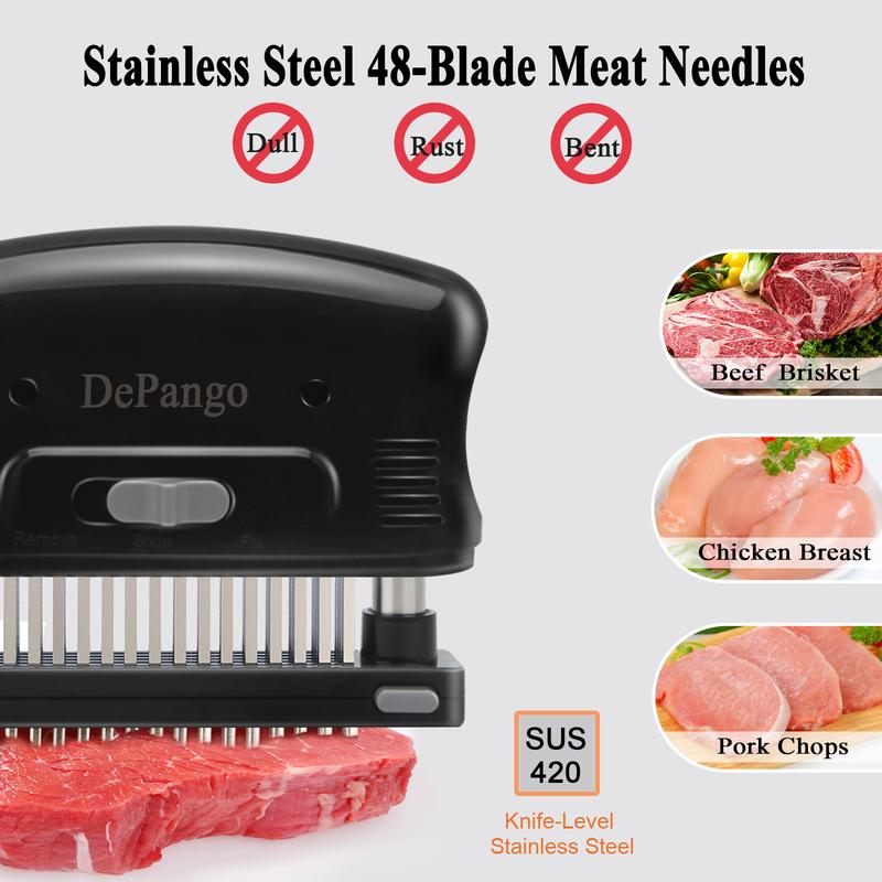 DePango Meat Tenderizer with 48 Stainless Steel Blades, Ergonomic Handle for Easy Pressing, Detachable Design for Thorough Cleaning, Ideal for Beef, Pork, Chicken