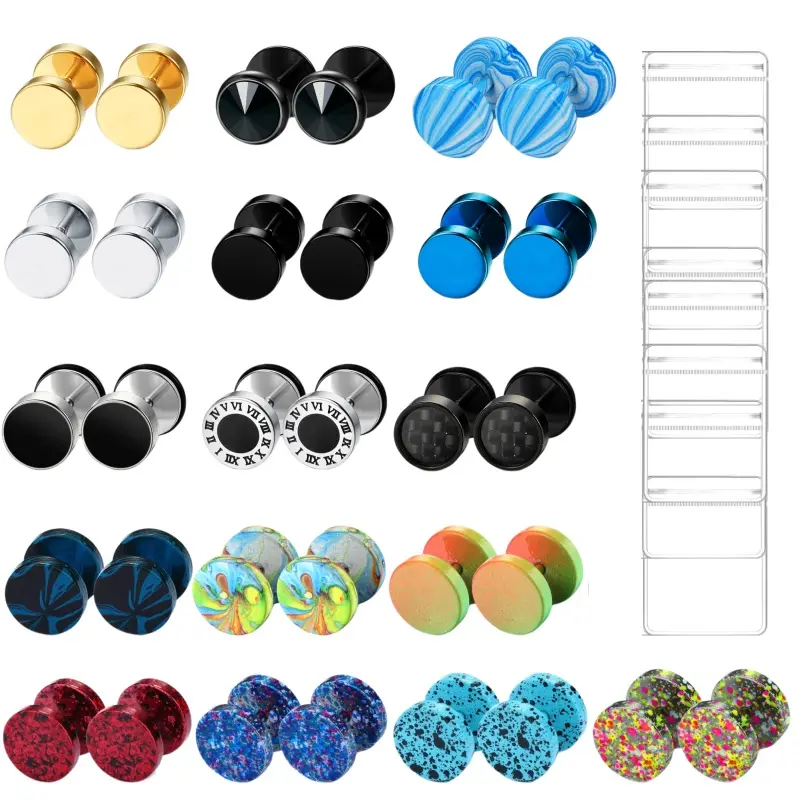 16 Pairs Fake Gauge Earrings for Men Women Stainless Steel Stud Earrings | Cheater Ear Plug Faux Gauges Earring Ear Tunnel Round Flat Back Earring Set Piercing Jewelry Gold Silver Colorful