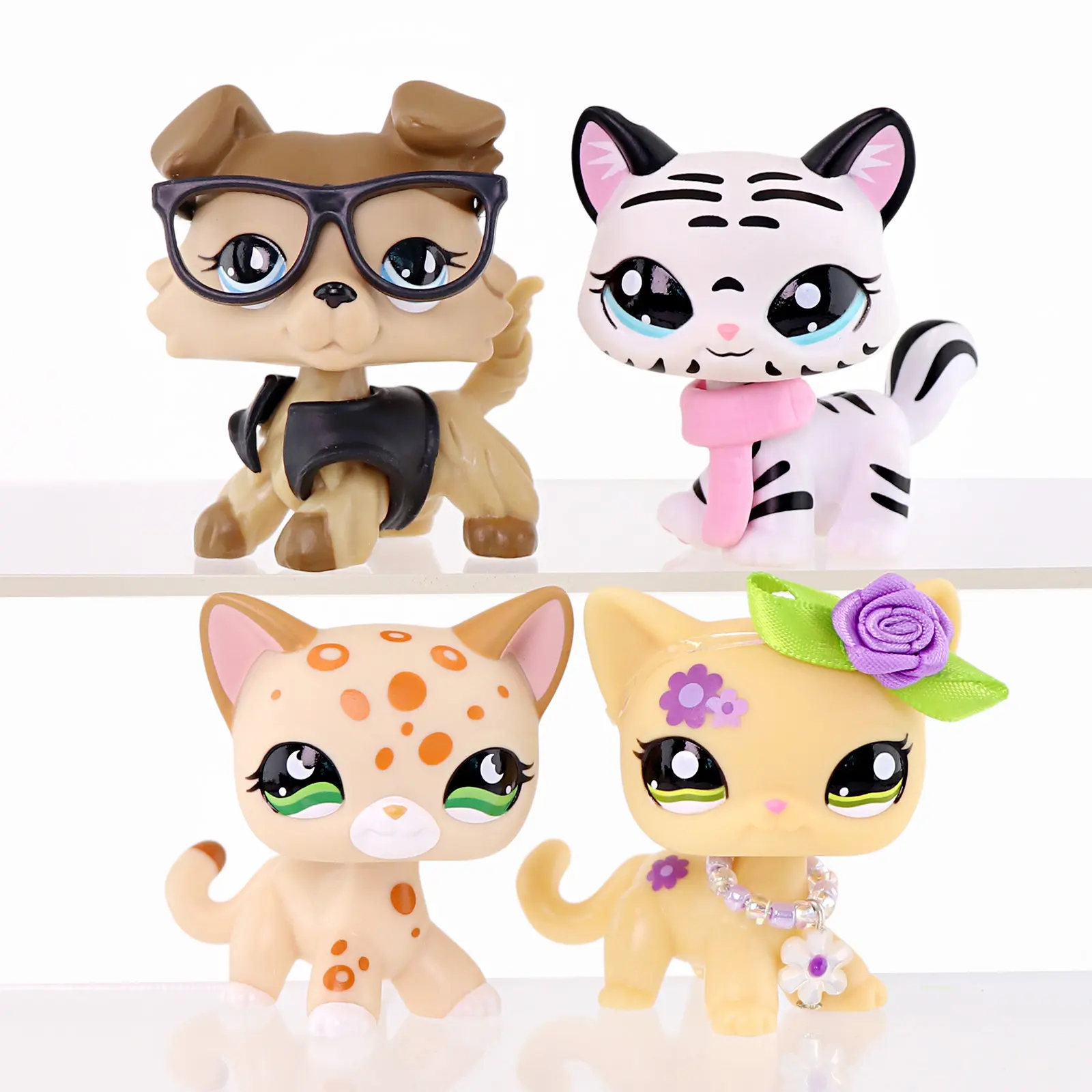 4 Pcs Cute Pet Animal Action Figures, Cat & Dog Mini Figurines Set, Collectible Play Toys with Dress‑up Accessories Glasses Tutu Skirt Bow Bandana Scarf, Kids Birthday Party Gift for Boys Girls