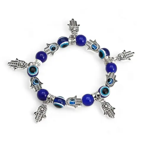 Unisex 8mm Evil Eye Hamsa Hand Bracelet with Blue Beads, Silver Charms, Hamsa Motif for Daily Wear, Protective Costume Jewelry Accessory