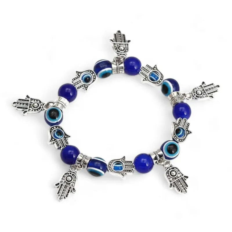 Unisex 8mm Evil Eye Hamsa Hand Bracelet with Blue Beads, Silver Charms, Hamsa Motif for Daily Wear, Protective Costume Jewelry Accessory