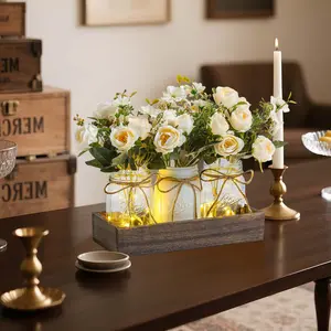 3 Pcs Mason Jar Centerpiece Table Decorations Fake Flowers Artificial Blue Flowers Rustic Spring Centerpieces Decor with Wood Tray and Light Table Decorations for Home Kitchen Living Room