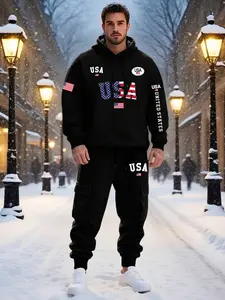 Men's Fall Winter Fleece Hoodie Set, 2-Piece Flag Series Print Sweatshirt + Drawstring Pocket Casual Sport Pants, Long Sleeve Regular Fit