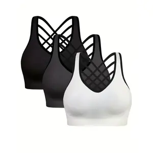 3pcs Women Sports Bra Set Short Removable Padding Light Support Cross Strap Design Yoga Exercise Yoga Apparel Stylish Comfortable Fit