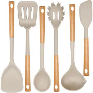 Kitchen Utensils Set, Large Non-stick  Cooking Utensils Set 6 count, Wooden Handle Heat Resistance  Spatula Soup Ladle Pasta Server Kitchen Gadgets Utensils Set  (Khaki)