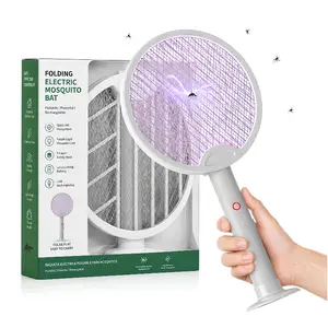 2-in-1 Foldable Electric Fly Swatter, Portable Bug Zapper Racket & Mosquito Trap with Purple Attractant Light, Instant Kill for Gnats, Mosquitoes & Flies, USB Rechargeable with Standing Base & Cable, 3-Layer Safety Mesh for Indoor, Home, Camping