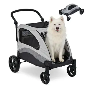 Collapsible Large Dog Stroller,160lbs Capacity Pet Wagon, 360° Swivel Wheels, Adjustable Handle, Storage Pocket, Breathable Mesh, Portable Travel Stroller for Dogs & Cats
