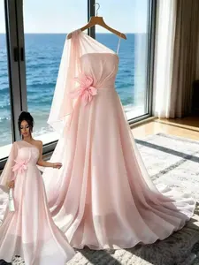 Elegant One-Shoulder High-Waisted Formal Dress, Sleeveless Floral Design, Perfect for Weddings, Cocktail Parties, Birthdays, Anniversaries