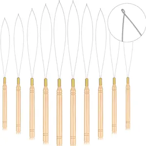 10 count Wooden Hair Extension Loop  Kit Threader Wire Pulling Hook Tool and Bead Device Tool Black Loop Threader for Hair or  Extensions