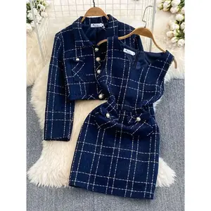 SnuggieTok Women’s Autumn Two-Piece Luxury Set – Korean-Chic Blue Tweed Jacket + Vest Dress, Elegant Cropped Coat with Long Sleeves
