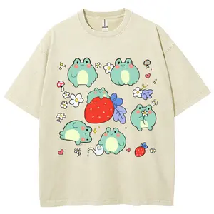 valentine shirts Unisex Cute Frog Print T-Shirt,Women's Trend Campus Outfit, Retro Washed T-Shirt, Crew Neck Top, Hip Hop Loose Short Sleeve,2024