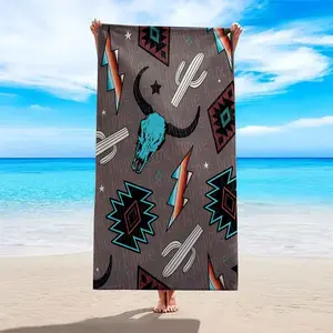 Southwest Style Cactus & Bull Head Pattern Beach Towel, Soft Absorbent Towel for Swimming Pool & Beach, Beach Towel for Women & Men, Absorbent Breathable Towel