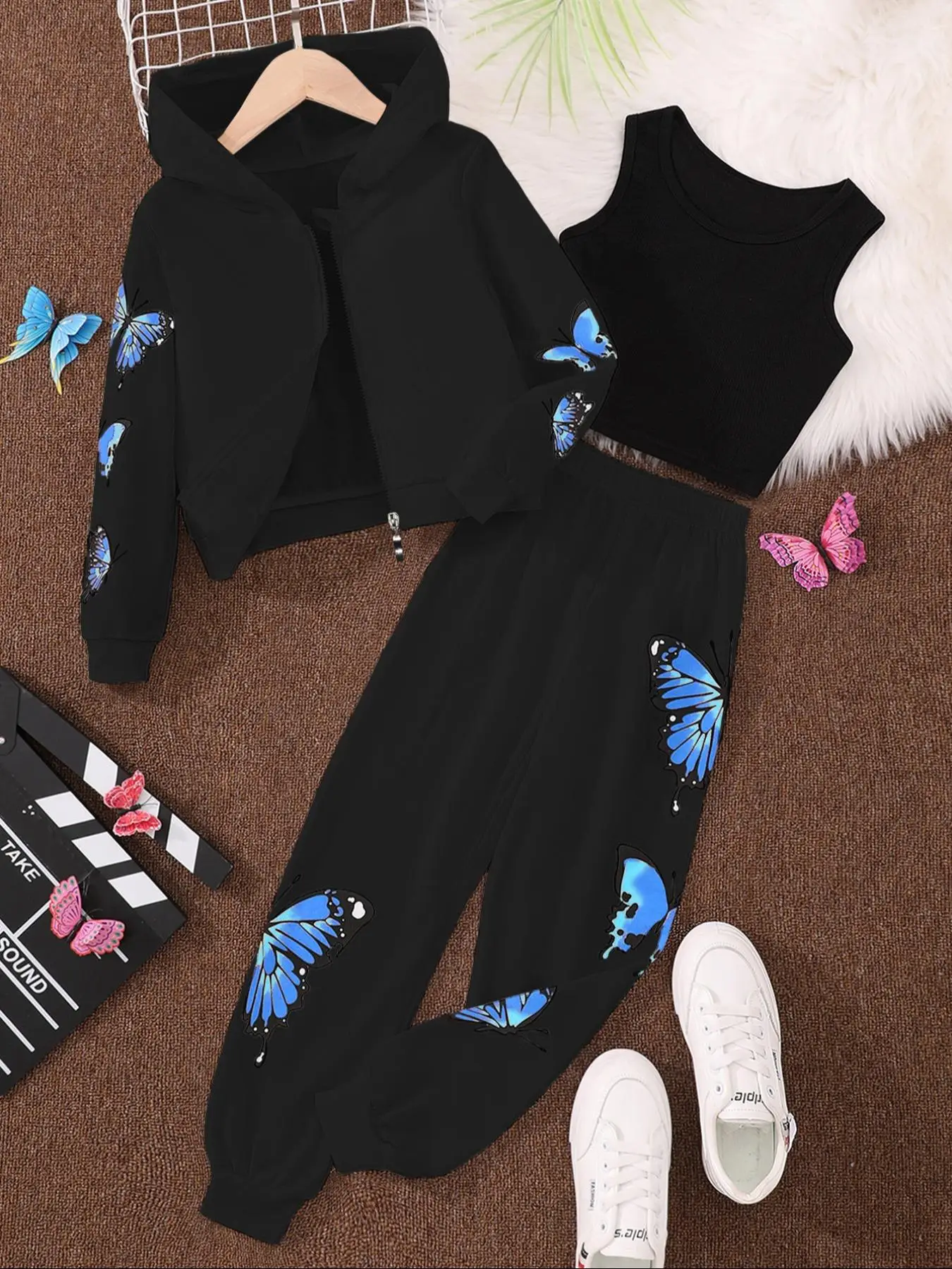 Three-Piece Set Girl's Butterfly Print Zip Up Hoodie & Elastic Waist Sweatpants & Plain Crop Tank Top Set, Casual Long Sleeve Hooded Sweatshirt & Jogg