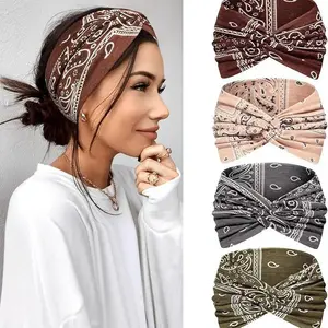 4pcs Paisley Pattern Knot Design Hair Band, Boho Wide Elastic Knotted Headband for Gym Workout, Hair Accessories for Yoga Wear, Dance, Mothers Day Gift Ideas, Gifts for Wife, Zigzag Headband for Camping stretchy sweat Band striped outfit vacation square