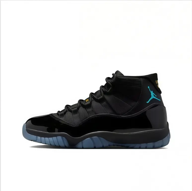 High top basketball sneakers black glossy leather light blue rubber outsole structured ankle fit durable traction minimalist city wear timeless popular street style unisex travel walking sport sneakers