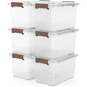 6-Pack Clear 7 Quart (7 Litre) Storage Latch Box Bins, Plastic Stackable Latching Box with Brown Handle and Lid, Multi-Purpose Stackable Storage Containers
