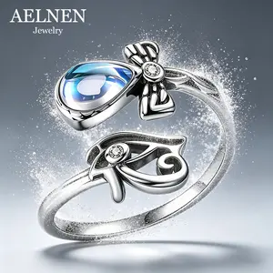 AELNEN Eye of Horus Moonstone Open Ring - 925 Silver Plated, Adjustable Egyptian Protection Symbol Ring with Blue Crystal, Fashion Jewelry Gift for Women