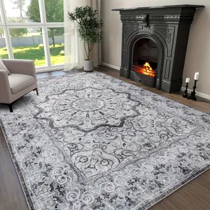 1pc Grey Area Rug Washable Area Rug Soft Non-Slip Vintage Rug For Living Room Low Pile Oriental Floral Distressed Rug Thin Indoor Carpets For Farmhouse Bedroom Dining Room Office Decor