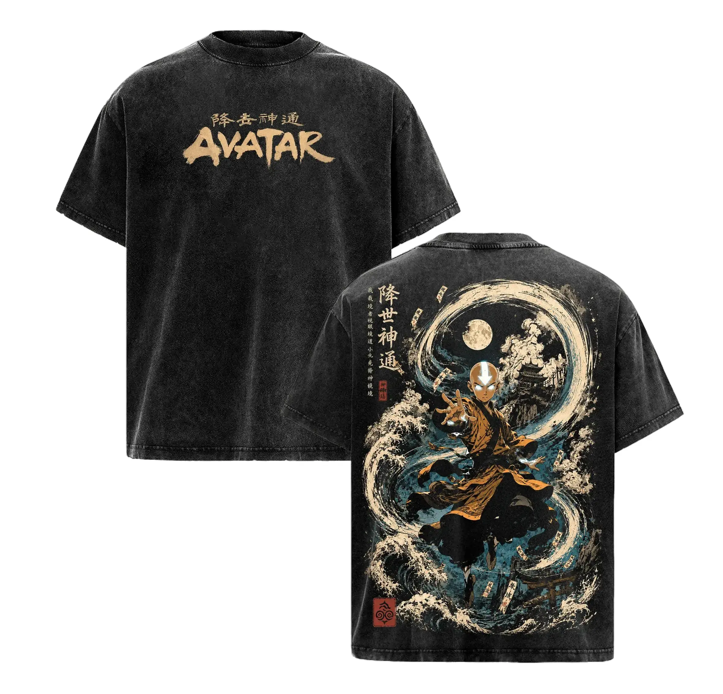 Avatar Aang Vintage Washed Heavyweight Cotton Graphic Tee Unisex The Last Airbender Waterbending Spirit Wave Shirt Retro Anime Streetwear Y2K Apparel High-Resolution Double-Sided Print Oversized Top Casual Everyday Wear Gifts for Anime Fans
