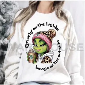 Griinchy On The Inside, Boujie On The Outside Christmas Griinch Sweatshirt Lady Casual Round Neck Cotton Comfort Womenswear