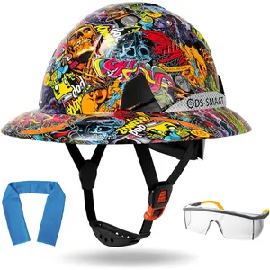 Full Brim Safety Hard Hat with Adjustable Visor & Ventilation, 6-Point Suspension Hard Hat, Reflective Industrial Work Hat with Cooling Towel, Lightweight Construction Hat for Outdoor Work