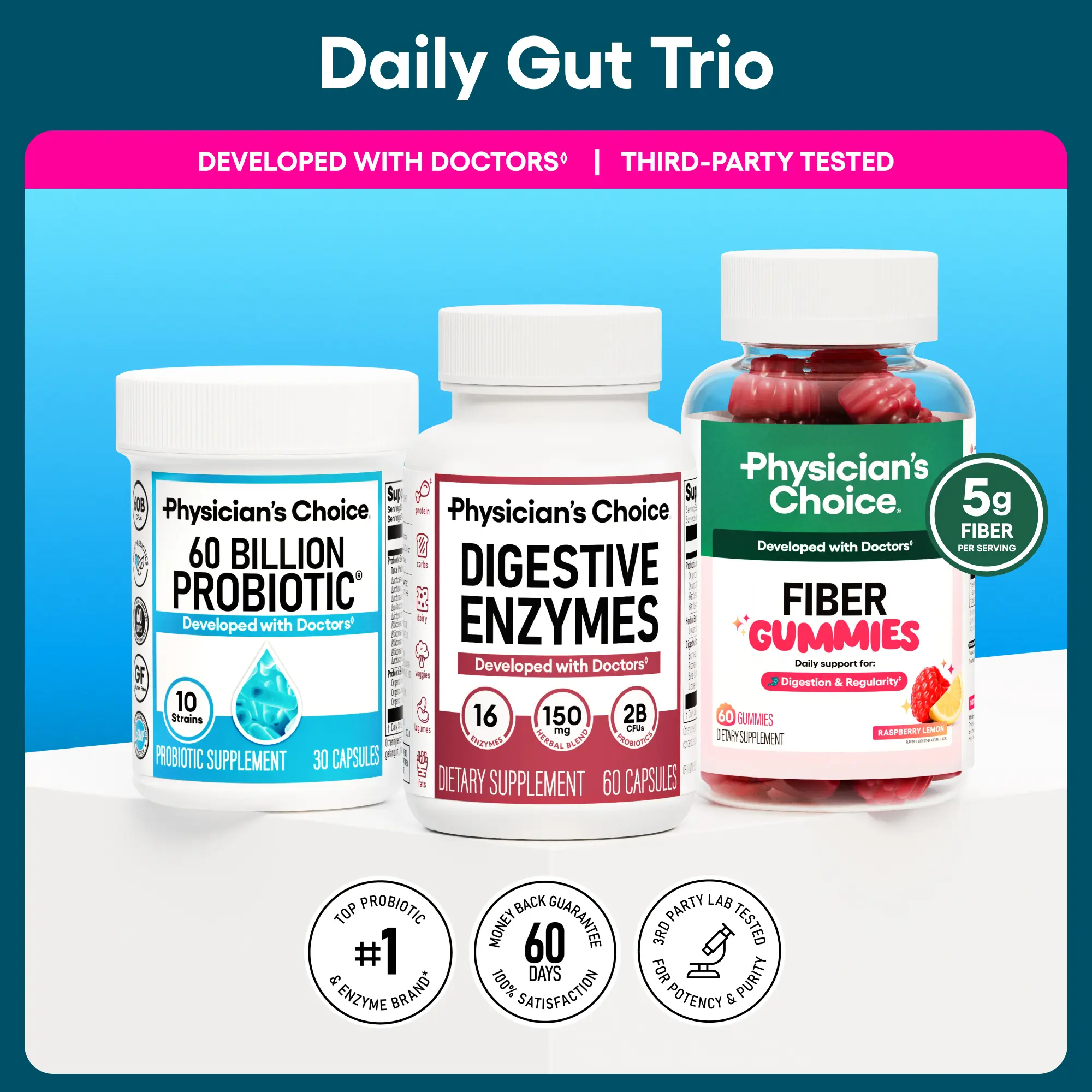 Physician's Choice Daily Gut Trio: Digestive Health, Regularity & Mealtime Support with Fiber Gummies + Digestive Enzymes + 60 Billion Probiotic