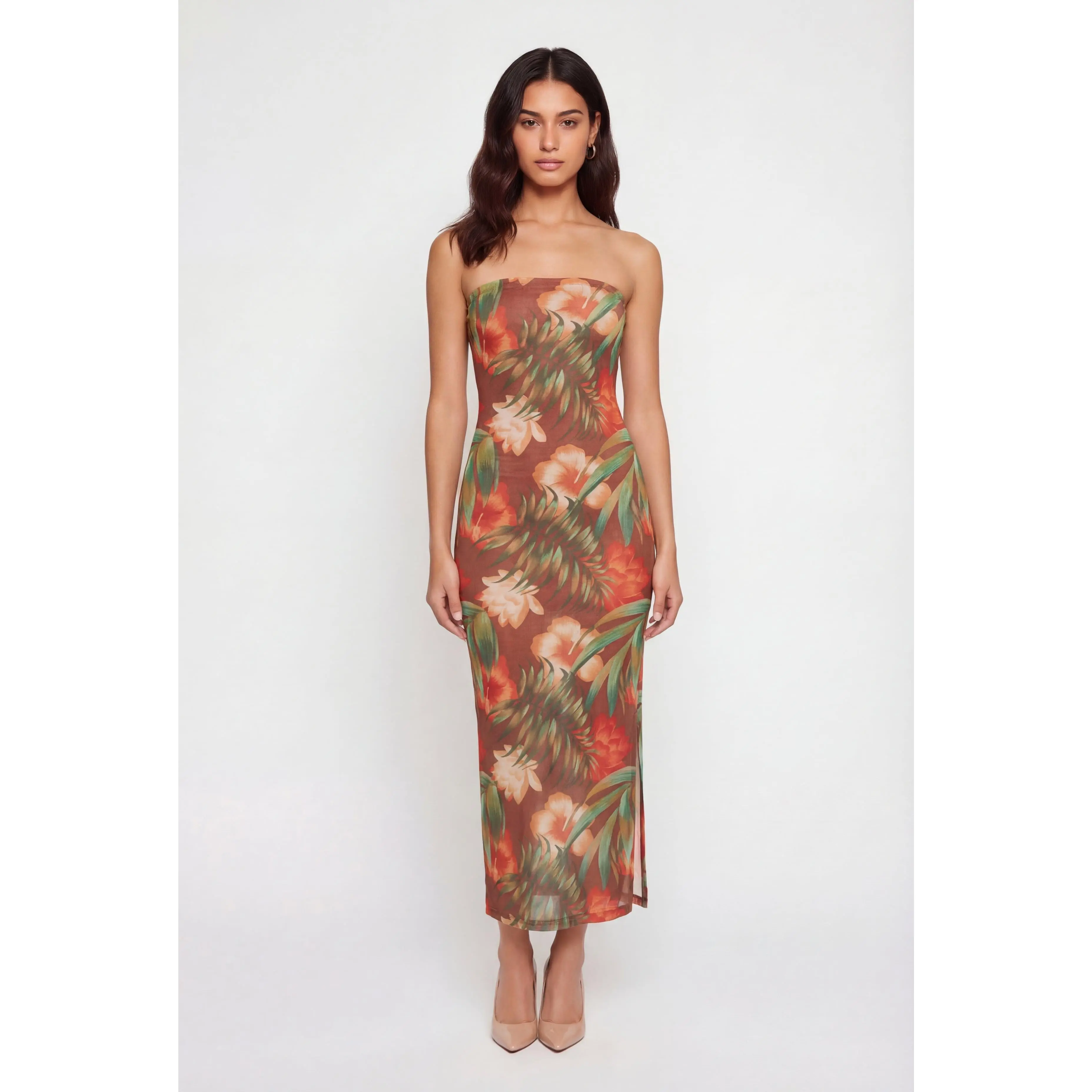 Floral Print Side Slit Mesh Overlay Maxi Dress