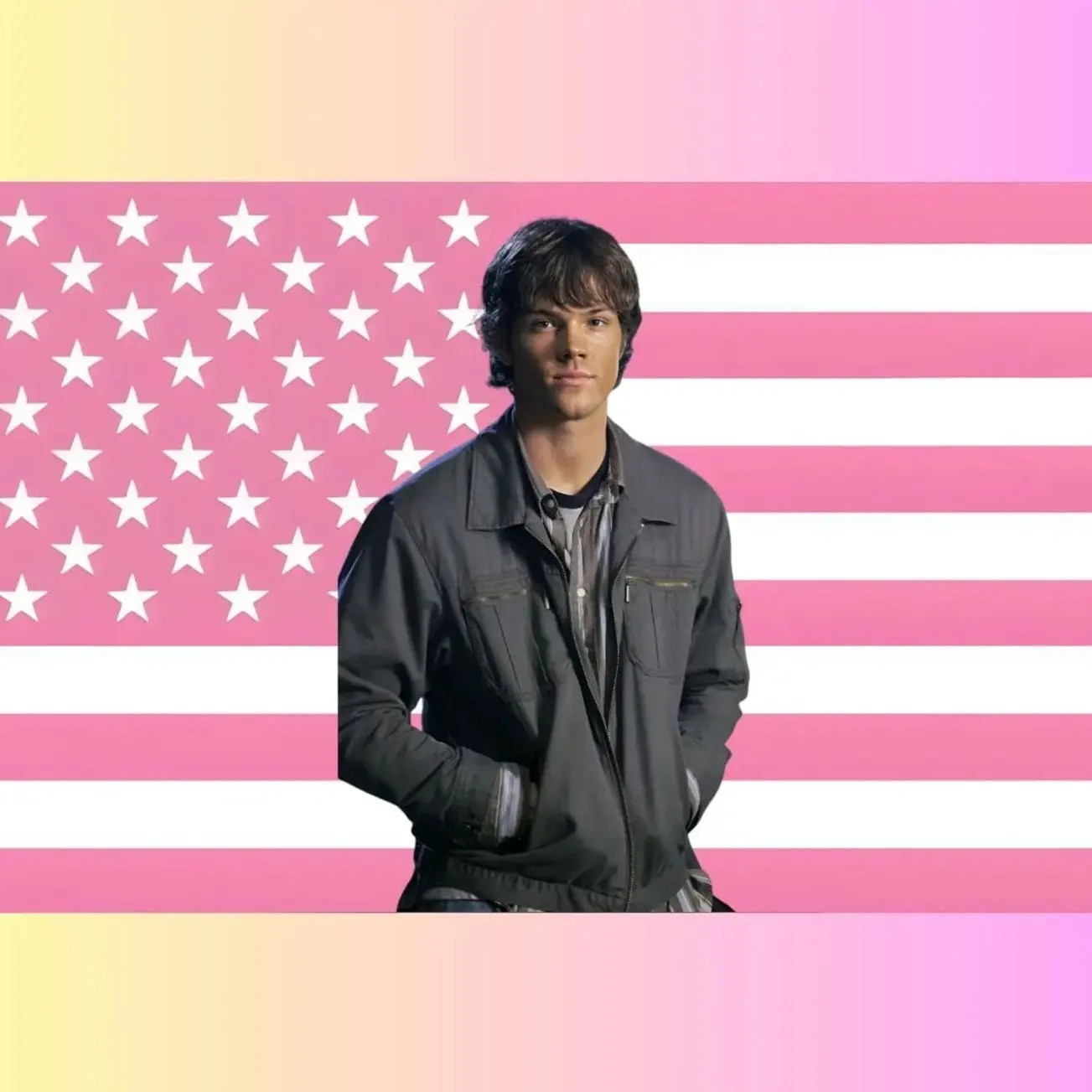Sam Winchester Pink American Flag Tapestry – Supernatural Wall Art Decor | TV Show Fan Flag | Aesthetic Pink Bedroom Decor