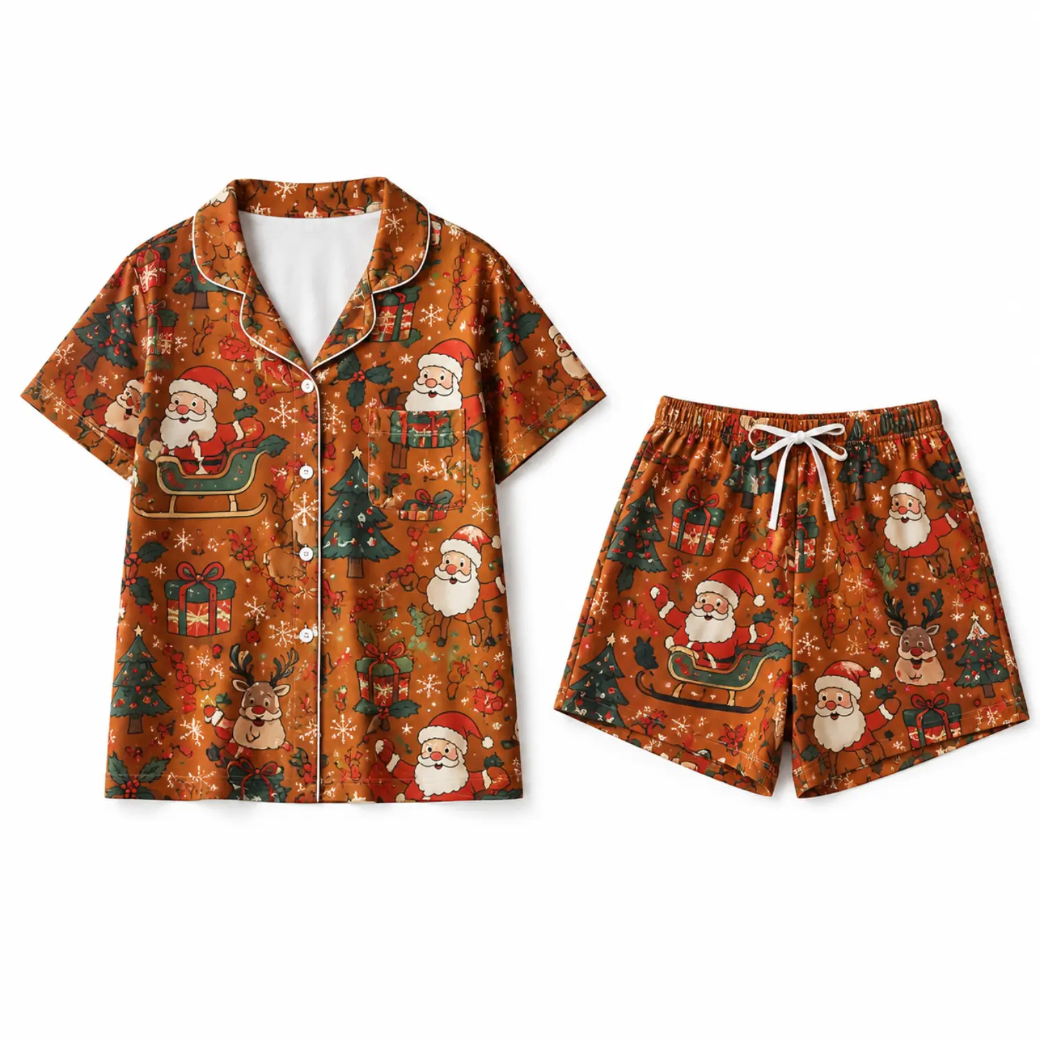 Christmas Santa Print Short Sleeve Button Front Pajama Set with Elastic Waist Sleep Shorts for Women