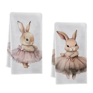 Cute Watercolor Ballet Rabbit Absorbent Kitchen Towels Set of 2, Dish Drying Cloth, Hand Towel, Kitchen Decor, Neighbor Gift, Friend Birthday Present