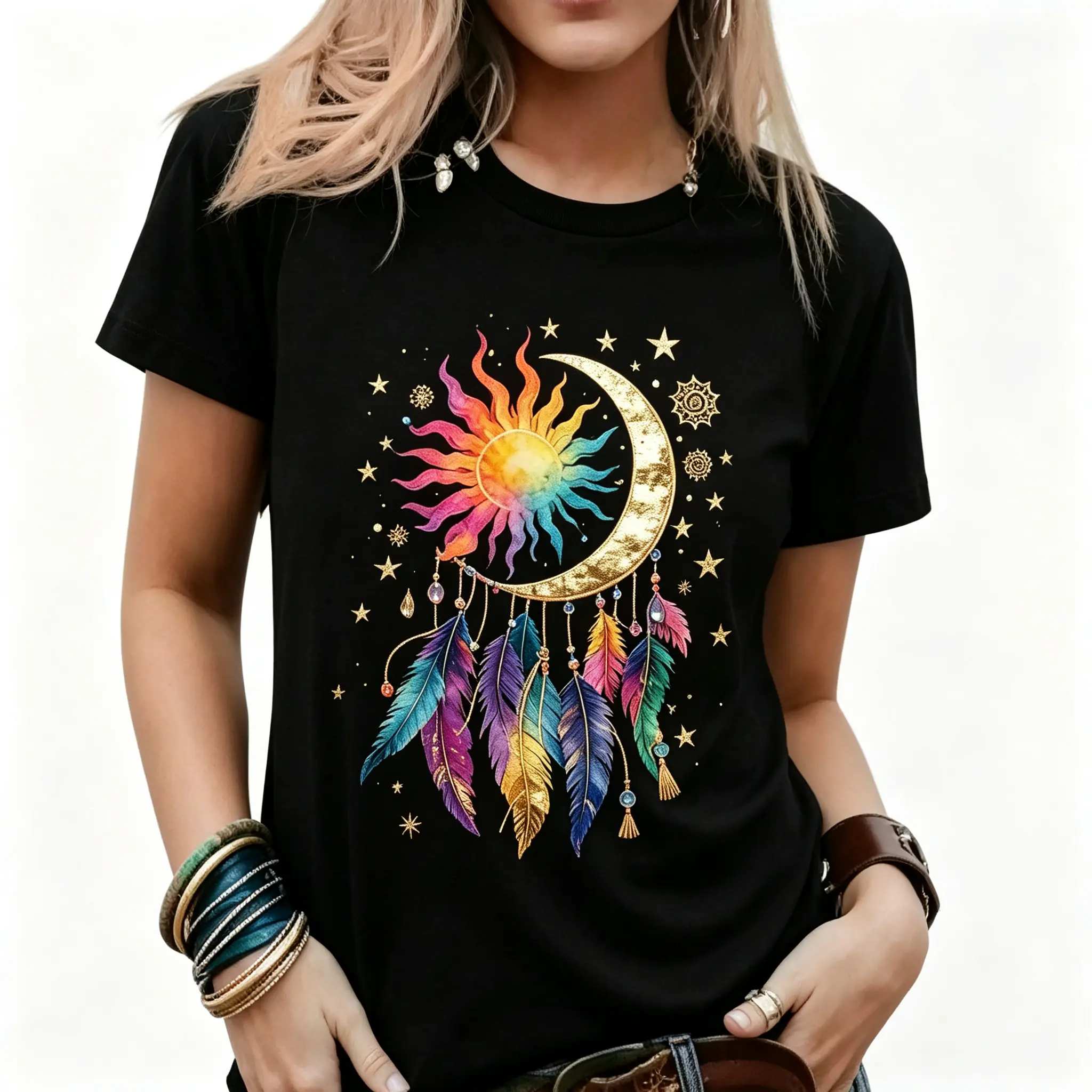 Women's 100% Cotton Sun Moon Dreamcatcher Pattern Casual T-Shirt, Simple Round Neck Short Sleeve, 180g Knitted Fabric Regular Version Black Elegant Everyday Top, Shortsleeve, Clothes, Casual Chic