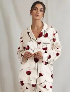 Wine Glass Pajama Set, Long Sleeve Lounge Wear
