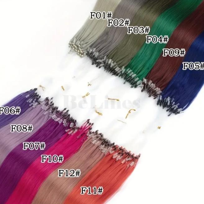 50pcs 30g Micro Loop Human Hair Extensions, Natural Straight, No Glue Easy Install, Vibrant Red Pink Green Blue Purple Gray, 12-28 Inches for Women Daily & Festive Hairstyles