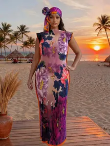 Women's Elegant Floral Long Dress Set, Slim-Fitting Moo Moo Robe & Scarf, Beach Sun Protection Shawl, All Seasons Fashion, Print, Matching