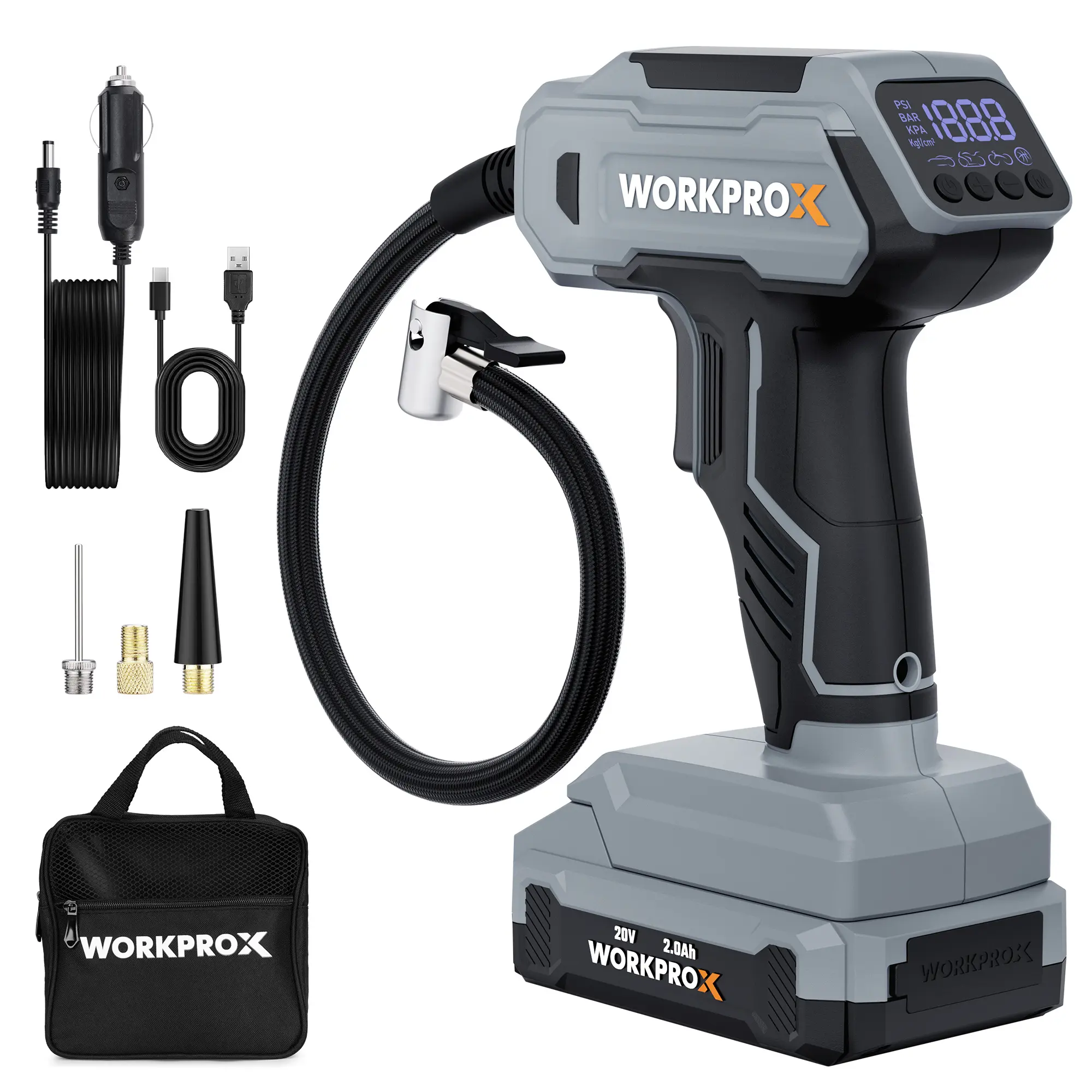 #summersale WORKPROX Tire Inflator Portable Air Compressor, 150 PSI Cordless Car Tire Pump with Digital Pressure Gauge, Fast Inflation, Rechargeable Battery & 12V DC Power, for Cars, Motorcycles, Bikes, Balls