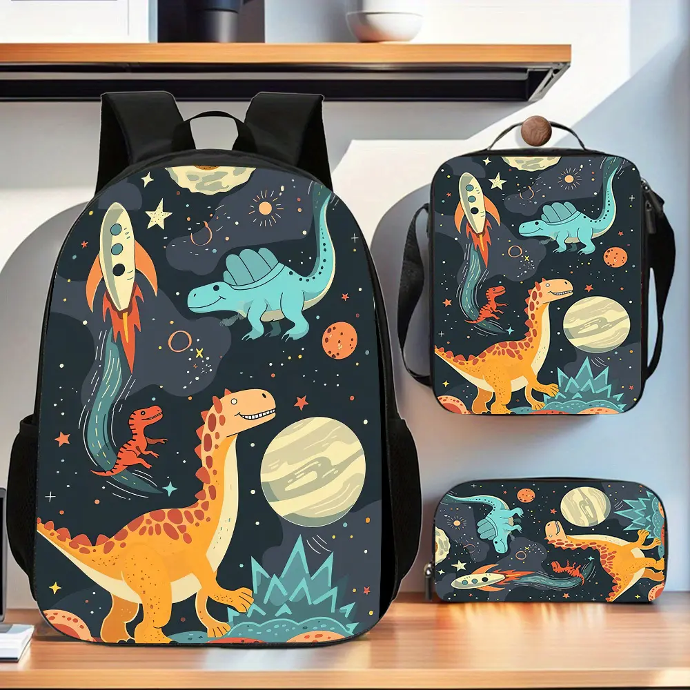Space Dinosaur 3-Piece Backpack Set, Cartoon Astronaut Dino & Rocket Print School Bag + Lunch Bag + Pencil Case, Oxford Cloth Adjustable Strap Daypack for Kids & Space Fans
