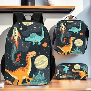 Space Dinosaur 3PCS Backpack Set, Durable 600D Oxford Cloth School Bag, Adjustable Breathable Strap, for Kids Teens School Travel Outdoor