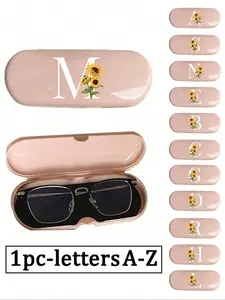 Cream Color Eyeglass Case Hard Shell, New Fashion Simple Design, Portable Sunflower Letter A-Z Print Glasses Box, Glasses Holder