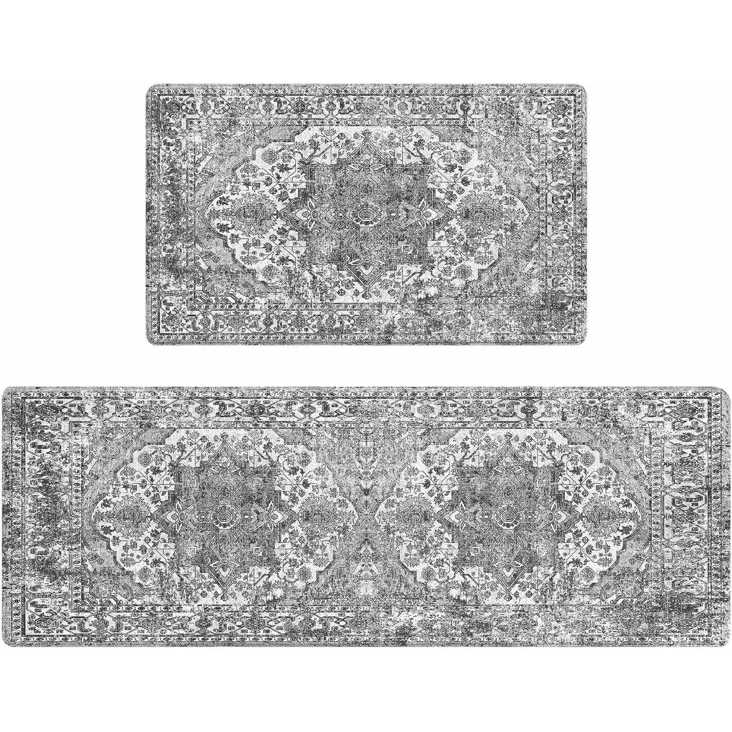 AMM Anti-Fatigue Kitchen Mats 2-Piece Set, Grey Vintage Farmhouse Non-Slip Cushioned Waterproof Memory Foam Rugs, Comfort Standing Mats for Kitchen, Office, Two Piece Set