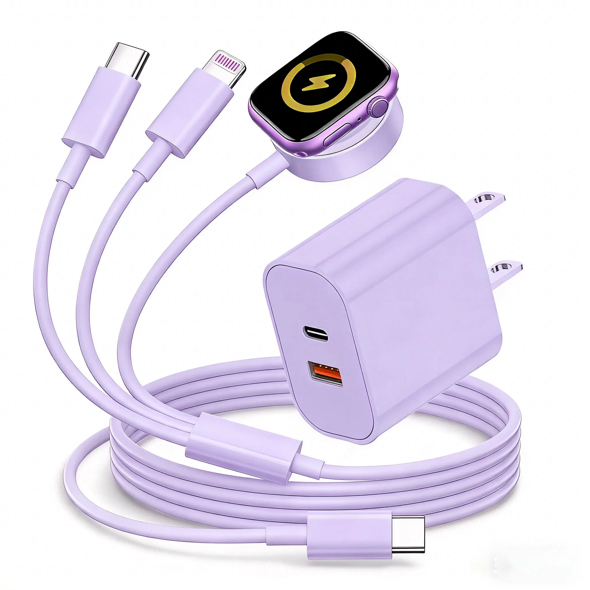 3-in-1 Magnetic Watch Charger set (6 ft),  [20W+18W] USB-C + USB-A power adapter, Multi-Device Charging Cable, for Apple Watch Series 11/10/9/8/7/6/SE/SE2 travel charger, for iPhone 17/16/15/14 series